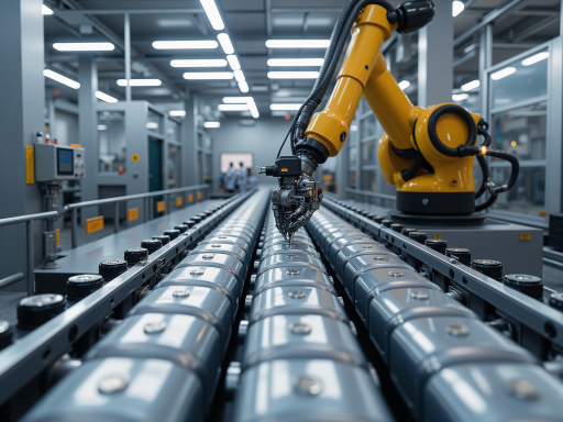 现代化生产线全景，多台自动化设备有序运行，工人正在操作机器