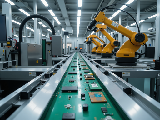 电子元器件生产线，自动化设备正在组装精密电子元件，展现现代制造技术